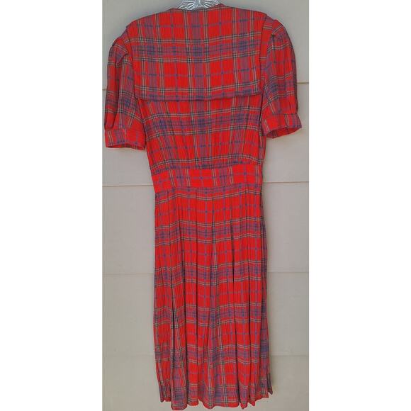 Vintage Jackie Bernard Eklektic Red Plaid Crepe Pleats Midi Dress Sailor Size 4 - Picture 5 of 13